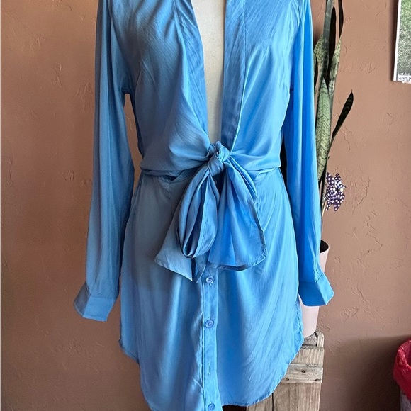 Blue Satin Long Sleeve Mini Dress NWT - Picture 4 of 5